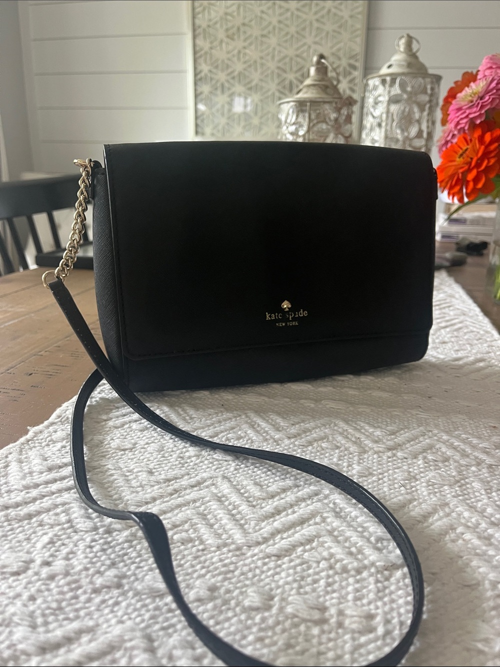 kate spade Black Leather Crossbody with Gold Chain Strap
